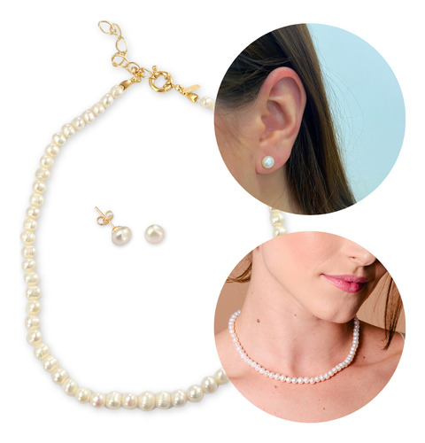 Kit Noiva Colar E Brinco Em Pérolas Doce Banhado A Ouro 18k