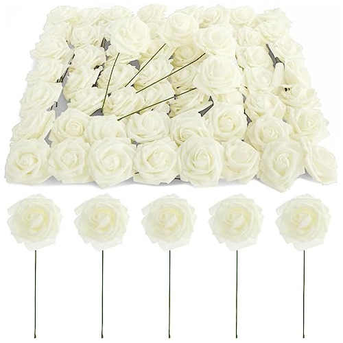 60 Rosas Artificiales Blancas Con Tallos, Bodas Diy