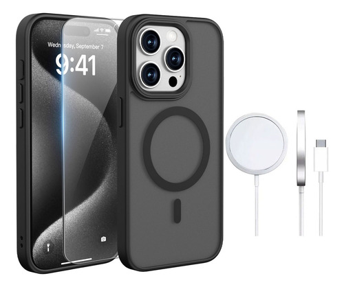 Funda Magsafe Para iPhone + Cargador Inalámbrico 15w + Mica De Vidrio Templado Para iPhone, 5 Colores