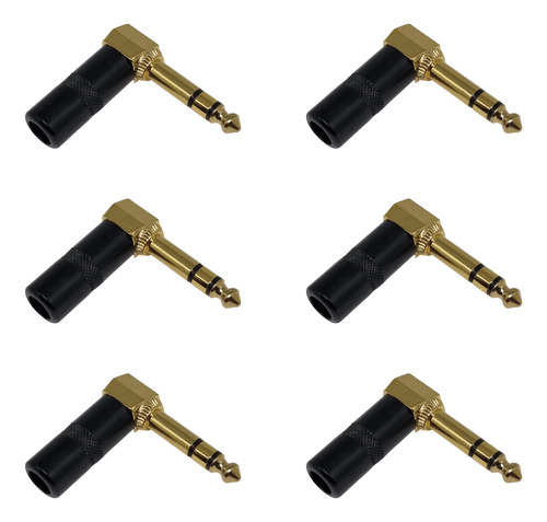 Kit 6 Plug P10 Estéreo Em L 90º Preto Dourado Mxt