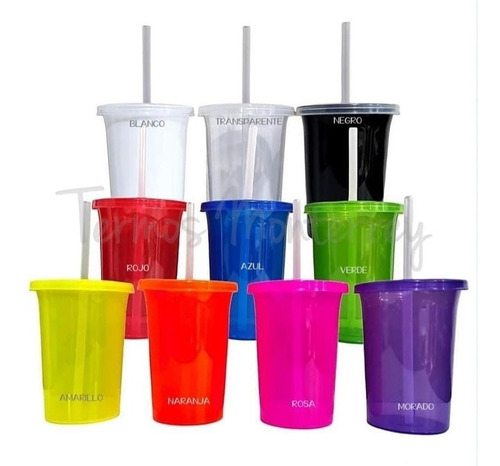 20 Vaso Neon Tapa Y Popote 16oz No Personalizado Termo Dulce