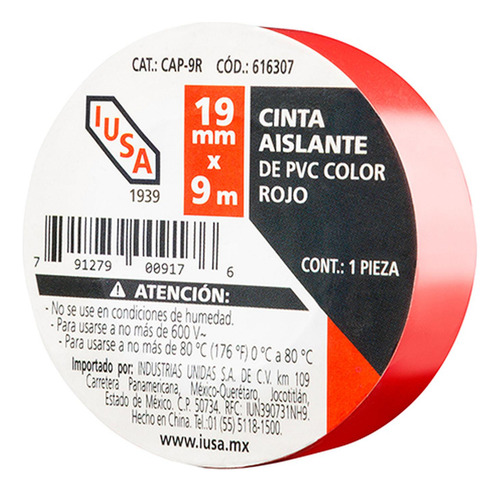 Cinta Aislante 19 Mm X 9 M Roja Rojo