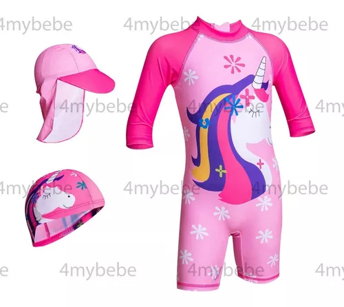 Traje De Baño Niña Unicornio + Gorro Natacion + Gorro Sol