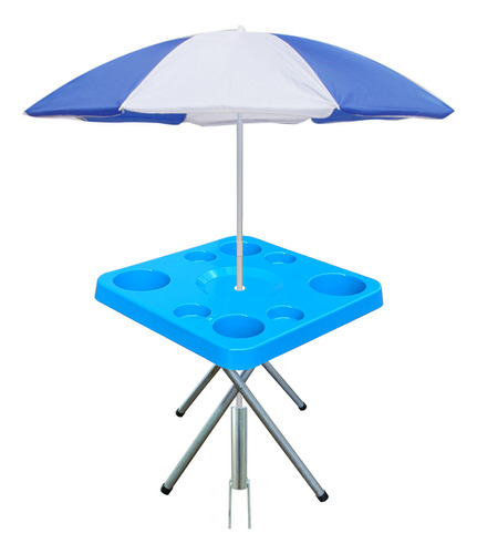 Mesa Petisqueira Praia 44 Cm Dobrável E Sup. Guarda-sol Chão Cor Azul