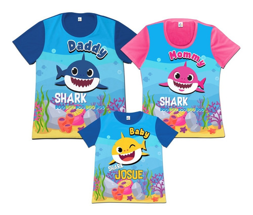 Franela Set 3 Familia Papa Mama Hijo Baby Shark Poliester