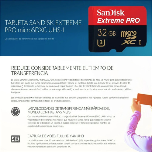 Imagen 2 de 4 de Tarjeta Micro Sdhc 32gb Sandisk Extreme Pro, U3, 4k, 100mb/s