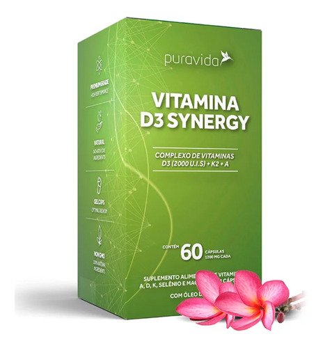 Vitamina Synergy Pura Vida, D3 2.000ui, K2 Mk7 100mcg 60cáps