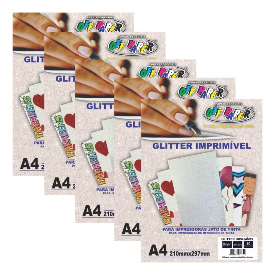 Kit 5 Pacotes Papel Glitter Imprimível Branco A4 250g Off Paper