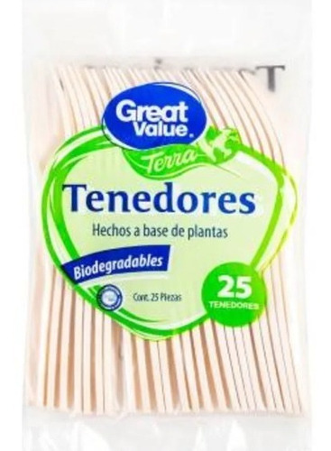 Tenedor Desechable Great Value Terra Jumbo  4 Paq C\25pz C\u