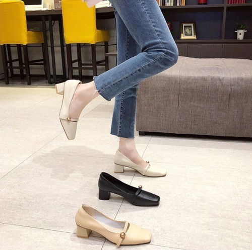 Zapatos Casuales De Tacón Grueso Con Punta Cuadrada Retro/36