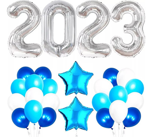 Globo Decoracion Fin Año Numero 2023 Plateado Azul Estrellas