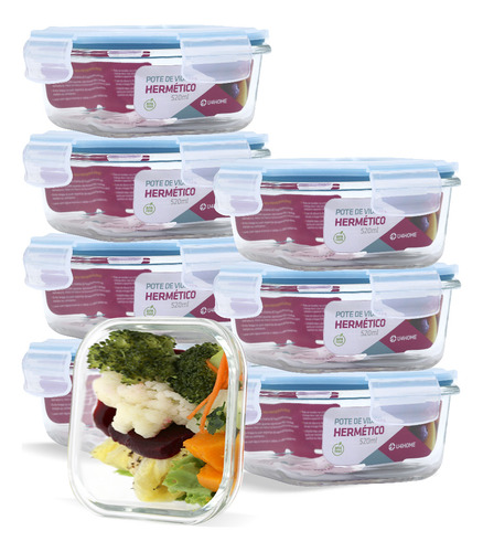 Kit 8 Pote Vidro Hermético 4 Travas Microondas Freezer 520ml Cor Azul