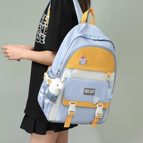 Mochila Escolar Paseo Importada Impermeable Llavero Animales Amarillo, Azul Y Blanco Llavero Llama