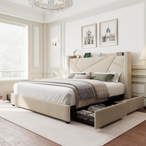Bed Frame Minimalista King Size C/ 4 Cajones Beige