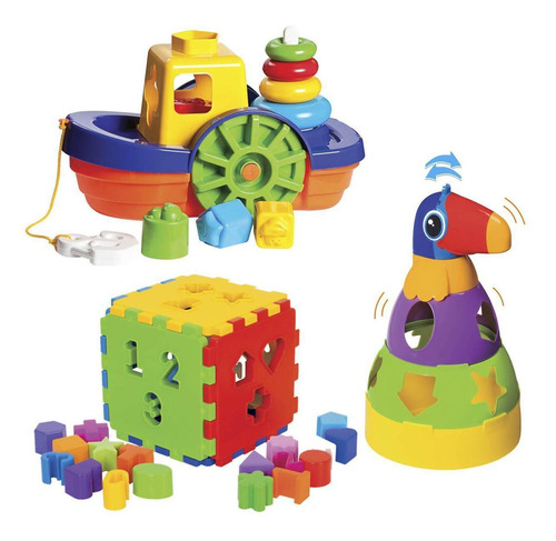 Kit De Brinquedos Educativos Barco + Tucano + Cubo