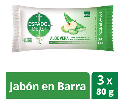 Espadol Dettol - Jabon Antibacterial Aloe Vera 3 X 80 Gr