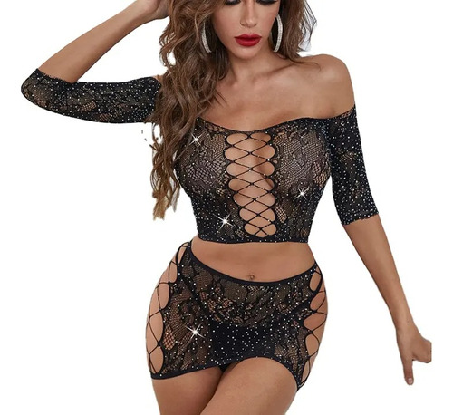 Body Red Negro Con Strass Importados Lencería Erótica