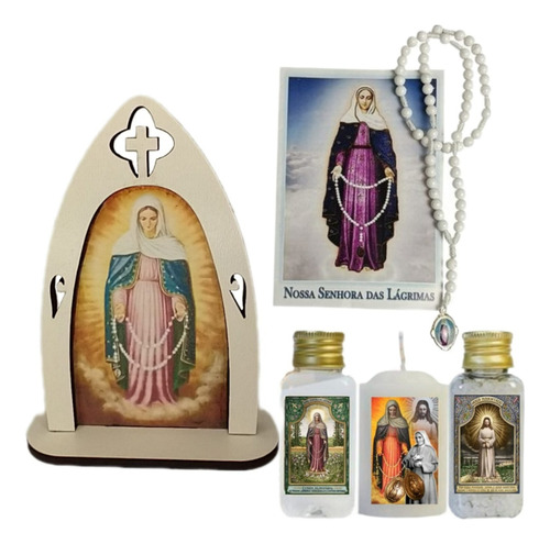 Kit Nossa Senhora Das Lágrimas De Sangue Com Capela Oratória Rosário Vela Água E Sal Para Abençoar Virgem Maria Mãezinha, Oh! Virgem  Dolorosíssima Vossas Lágrimas Derrubaram O Império Infernal !!!!!!