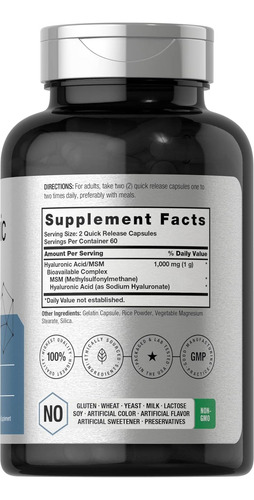 Horbäach Ácido Hialurónico Con Msm | 1000 Mg | 120 Cápsulas Sin Sabor