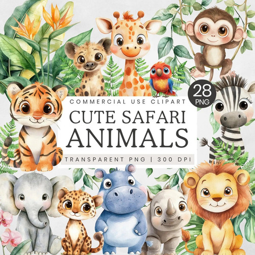 Kit Imagenes Clipart Png Animalitos Safari Acuarela Cap02