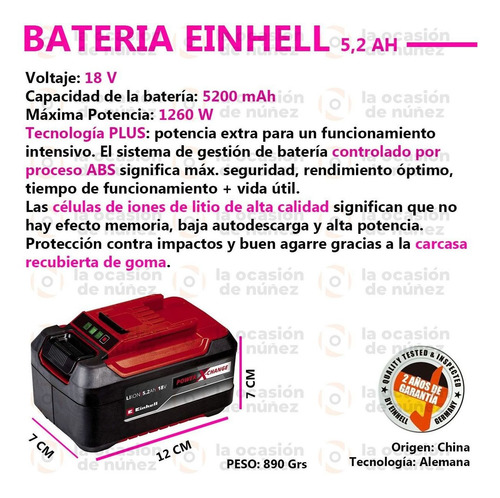 Imagen 2 de 7 de Bateria Einhell 18v 5.2 Ah Litio Power X-change Recargable