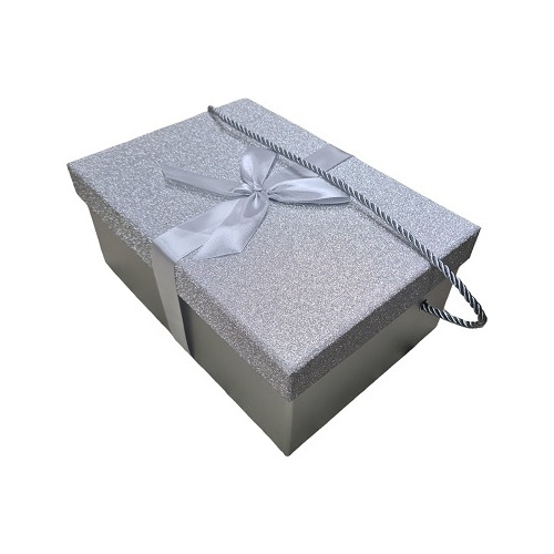 Caja Regalo Rectangular Plateada Escarchada 26cm X18cm X11cm