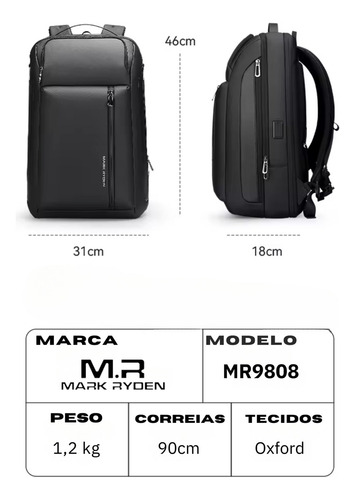 Mochila grande expandible de primera calidad para cuaderno de 35 litros, 15.6 Mark Ryden, modelo Mr9808, color negro liso