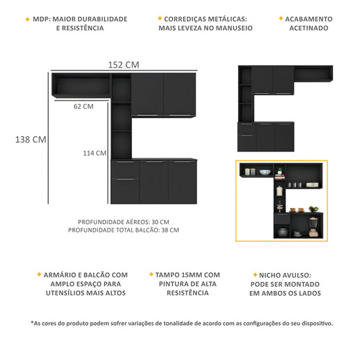 Armário Cozinha Compacta Com Balcão Sofia Multimóveis V2002 Cor Preto