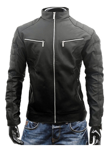 Calidad Chaqueta Hombre Cuero Sintetico Cremallera Metal