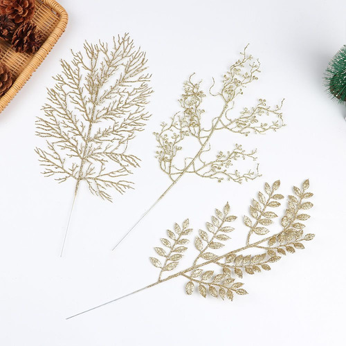 Decoración De Árbol De Navidad Con Hojas De Flores Doradas,