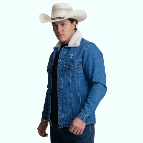 Jaqueta Bordada Tx. Farm Pele Na Gola Jeans Grosso De Botão