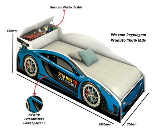 Cama Carro Quarto Infantil Mcveloz Azul Com Baú Envio Rapido