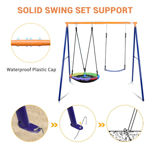 Juego De Columpio Para Patio Trasero Con Soporte Resistente Azul, Naranja