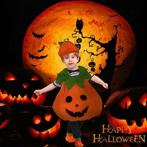 Disfraz De Calabaza Para Halloween – Set De 4 Piezas: Disfraz, Sombrero, Bolsa Para Dulces Y Zapatos, Para Niños De 3 A 7 Años (Altura 90-120 Cm)