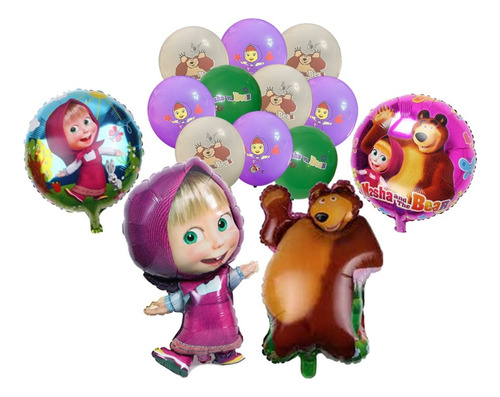 Pack 14 Globos Metalizados 1 Masha 1 Oso 2 Redondos 10 Látex