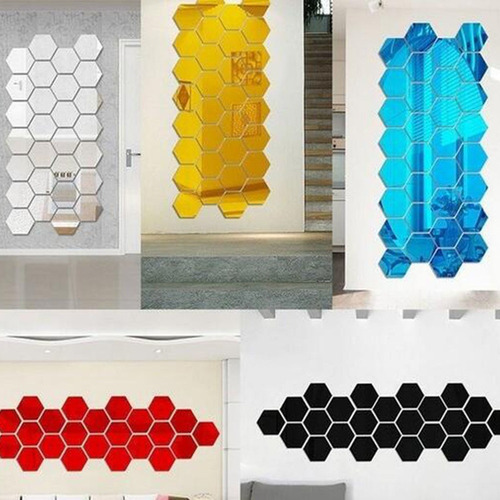 12 Piezas Hexagonales De Pared Adornos De Espejo Plata