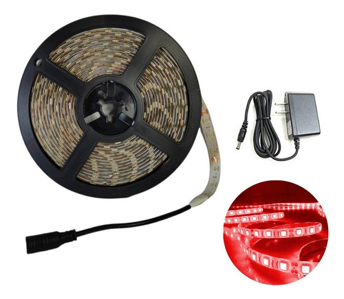 Tira Led 5050 5m Color Rojo Con Fuente 110v Exterior Casa