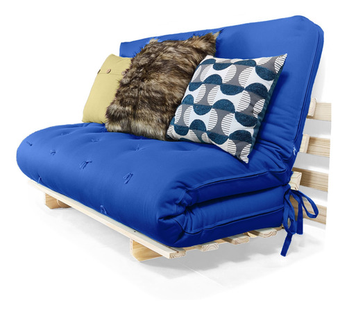 Sofa Cama Casal Futon Oriental Azul Royal Com Madeira Maciça
