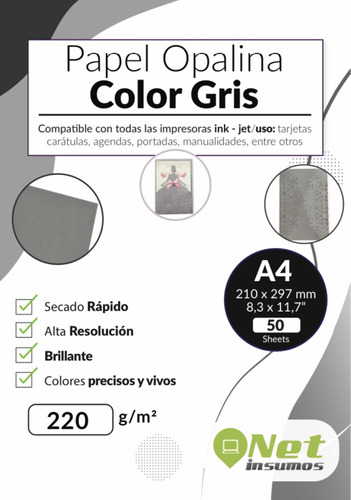 Opalina Lisa Color Gris  A4 220gr A4 Doble Faz 50 Hojas