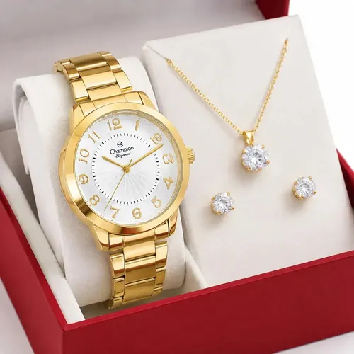 Relógio Champion Feminino Dourado Pulseira em Aço Inoxidável 40 Milímetros com Kit Colar e Brincos Prova D´Agua 50m CN25118W