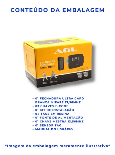Fechadura Eletrônica AGL Ultra Card Mifare 13,56MHZ Branca - Chave E-code e Tag