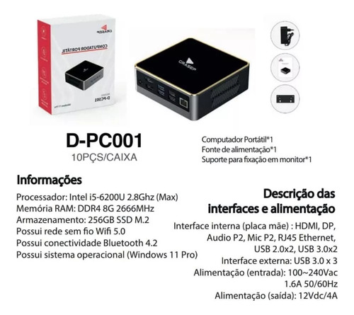 Mini Pc Desktop Cabe No Bolso Intel Core I5 Ssd 256 M.2 8gb