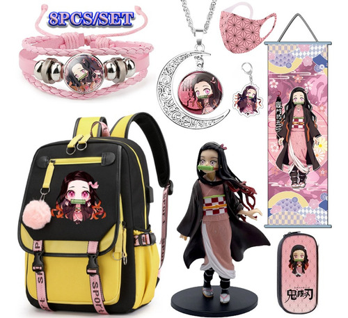 8 Unids/set Anime Demon Slayer Nezuko Mochila, Muñeca+máscar