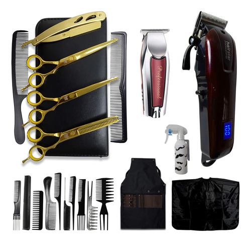 Kit 3 Tesouras Profissionais Barbeiro Cabelo + 2 Máquinas Cor Gold 209 202