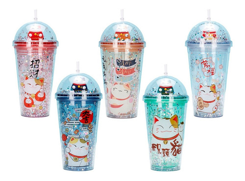 Termo Contenedor Botella Agua Gato Japones Con Popote 450ml