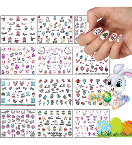 ~? Ebanku Easter Nail Sticker Decalus, 12 Hojas 3d Easter Eg