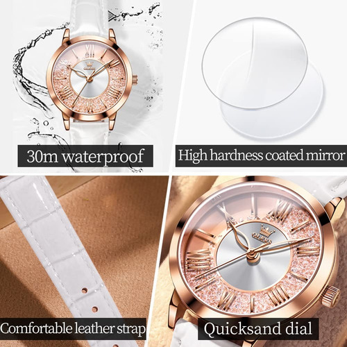 Reloj Olevs/5539 Dorado Para Mujer Con Correa De Cuero Blanco Dorado/rosa Rosa