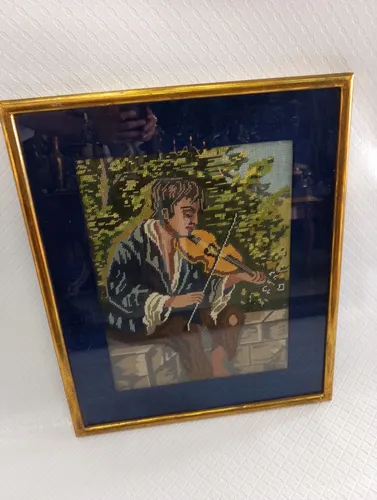 Cuadro Antiguo Italy Bordado De Punto Gobelino El Violinista (Usado)