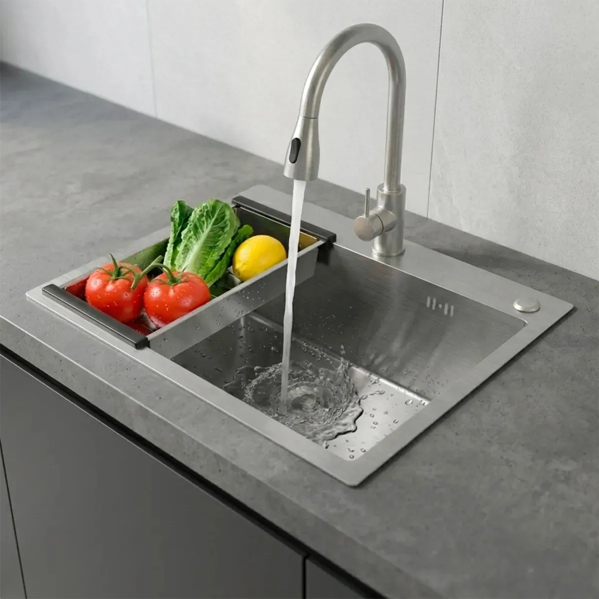 Bacha Pileta Cocina Mesada Simple Grifería Monocomando Acero Color Gris Aira-7045 Neró