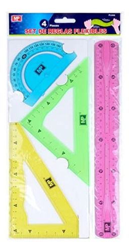 Set 4 Regla Y Escuadras Flexibles Diferentes Irrompible Neon